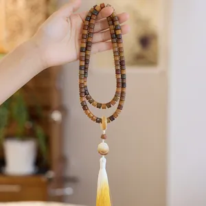 Ethnic Weathered Bodhi Root Buddhist Prayer Beads Necklace Vintage Handmade Mala Necklace With Lotus Pendant Tassel Jewelry