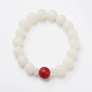 White Bodhi seed bracelet with red cinnabar bead featuring Chinese lucky carvings