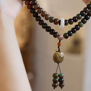 Vintage Bodhi seed prayer beads necklace with white jade ring and carved pendant charm