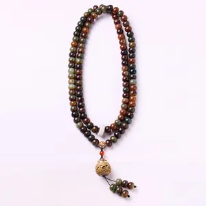Ethnic style weathered Bodhi seed beads necklace with vintage metal bell pendant and tassels