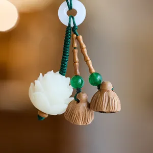 Zen Bodhi Root Lotus Pendant with Peach Wood Seedpod and Jade Green Beads