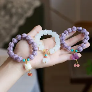 Vintage Chinese Style Glazed Glass Beaded Bracelet With Lotus Lion Dance Pendant Natural Fluorite Bracelet For Women Jewelry