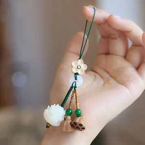 Chinese Style Boxwood Plum Blossom and White Bodhi Root Lotus Keychain Zen Wooden Hanging Ornament Car Phone Charm Gift