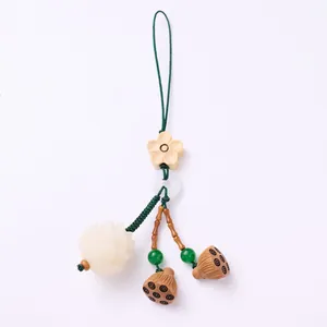 Exquisite Bodhi root lotus pendant keychain with handmade wood beads and zen design