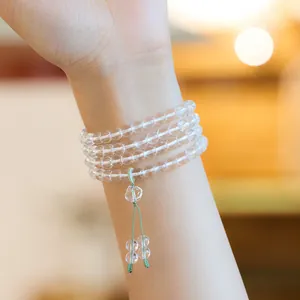 6mm dreifaches klares weißes Kristall-Perlenarmband mit grüner Kordel und Anhänger