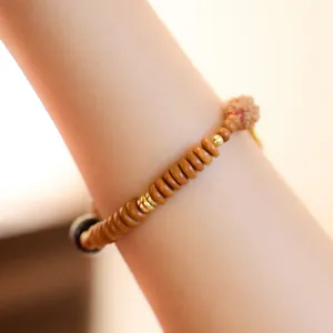 Primer plano de pulsera de semillas de Bodhi con cuentas marrones y detalles dorados