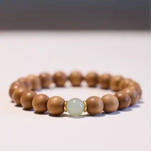 Bracciale di Perline di Preghiera Buddista in Legno di Sandalo Vecchio Naturale e Giada Hetian Con Distanziatori in Argento Placcato Oro Gioielli Zen