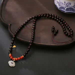 Vintage Red Sandalwood Necklace With Nephrite Jade Ruyi Lock Pendant Nan Hong Agate Beads For Women Chinese Style Jewelry