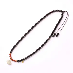 6mm Red Sandalwood Necklace with White Jade Ruyi Pendant and Golden Gourd Charm