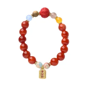 Bracelet en agate dragon avec perles multicolores et pendentif porte-bonheur doré