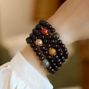 Natural red sandalwood multi-layer beaded bracelet with five-color enamel accents