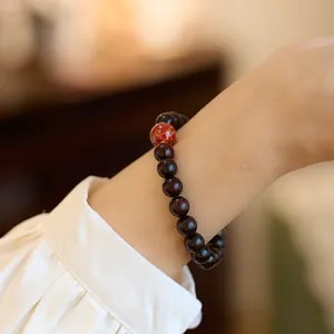 Natural sandalwood bracelet with red lacquer bead and chinese zen style wood beads