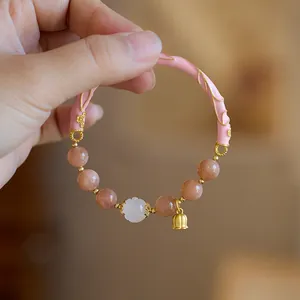 Natural Sunstone Beaded Bracelet With Enamel Lily Of The Valley Flower Golden Silk Jade Lotus Bangle For Women Vintage Chinese Style Jewelry Gift