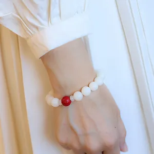 Natural white jade bodhi bead bracelet with carved red cinnabar bead for women