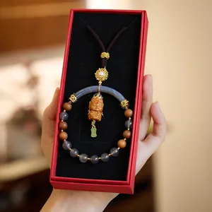 Traditional Chinese Zen Sandalwood Car Hanging Ornament Smoke Purple Agate Tara Buddha Wealth Amulet Handcrafted Woven Bead Pendant Home Decor