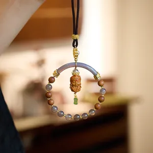 Chinese sandal wood car hanging with grey agate and Buddhist Buddha pendant ornament