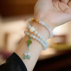 Set di braccialetti in giada verde naturale in stile cinese con ciondoli floreali