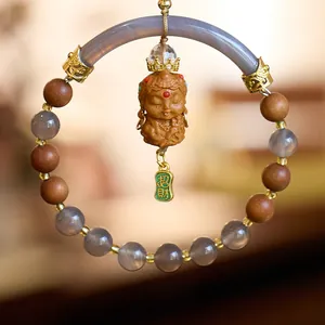 Chinese style sandalwood car ornament with grey agate beads and Buddha statue pendant