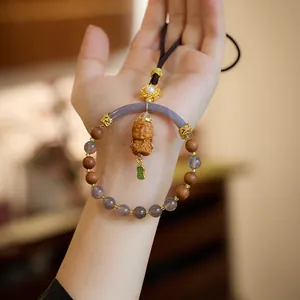 Chinese style car charm with sandalwood, grey agate, and green lucky charm pendant