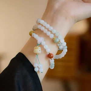 Bracciale di Perline in Pietra Naturale 108 Strati Multipli Giada di Tianshan Con Nappina Pendente Gatto Gioielli Donna