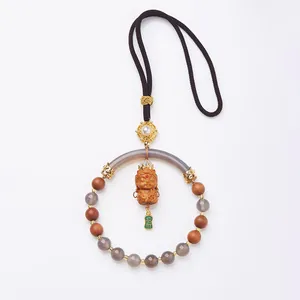 Sandalwood car hanging with grey agate and Tara wood carving in Chinese style