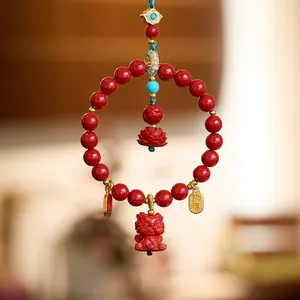 Traditional cinnabar red dragon pendant car charm with lotus and golden fortune tag