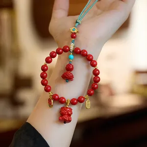 Natural cinnabar car hanging ornament with lotus pendant and Ping An peace charm