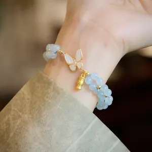 Bracelet Tissé en Perles Naturelles d'Aigue-Marine Améthyste Pierre de Lune Avec Pendentif Papillon en Nacre Plaqué Or