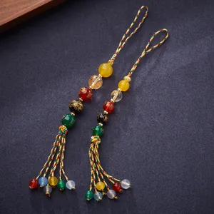 Traditional Chinese agate crystal mobile phone lanyard with colorful beads and tassel charm