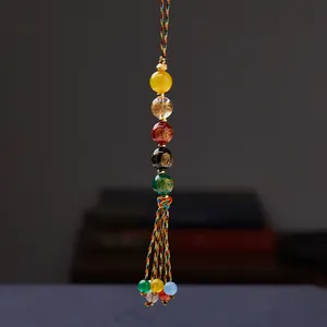 Handmade Chinese agate phone charm with five-color crystal beads and colorful tassels