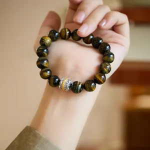Natural Yellow Blue Tiger's Eye Stone Beaded Bracelet With Alloy Six-Character Mantra Spacer Bead Vintage Ethnic Jewelry