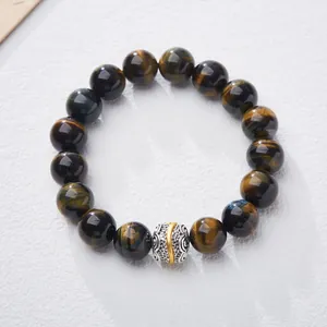 Natural yellow blue tiger eye stone bracelet with engraved mantra metal bead for women