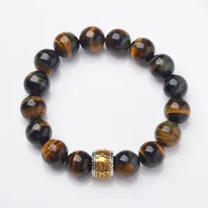 Natural yellow and blue tiger eye stone bracelet with golden mantra barrel bead