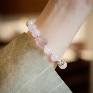 Natural Rose Quartz Fluorite Beaded Bracelet For Women Chinese Style Carved Guardian Lion Charm Shell Pearl Handmade Hand Chain Jewelry Gift