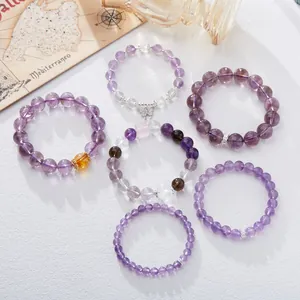 Lavender Amethyst Jade Bead Bracelet For Women Vintage Gold Plated Copper Butterfly Zirconia Charm Handcrafted Elastic Jewelry