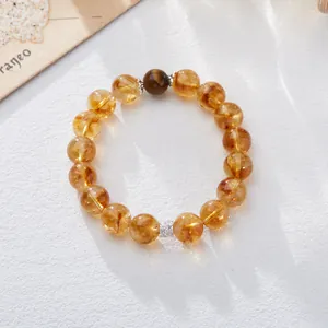 Natural yellow citrine beaded bracelet with tiger eye stone and silver spacer charm