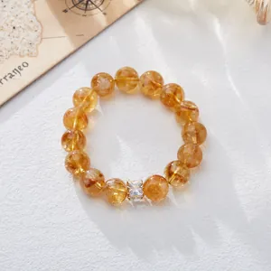 Brazilian citrine bead bracelet with a central square-cut yellow crystal gemstone