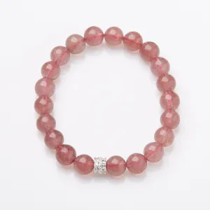 Natural pink strawberry quartz beaded bracelet with a sparkling silver pavé charm spacer