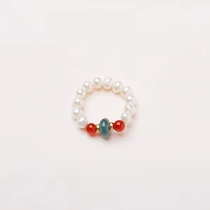 Natural freshwater pearl ring with jade beads and red agate accents in Chinese style