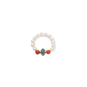 Natural freshwater pearl and blue jade ring featuring red beads and golden accents