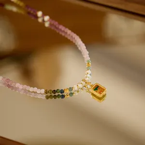 Collar de turmalina natural y plata S925 con colgante de Thangka y perlas estilo retro