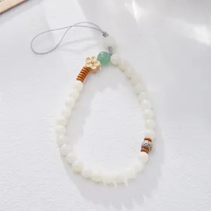 Natural white Bodhi seed phone strap with green Aventurine bead and small flower charm