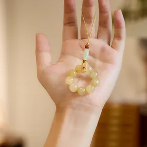 Natuurlijke Rutilated Kwarts Telefoonketting Sleutelhanger Met Olijf Jade Agaat Retro Chinese Stijl S925 Sterling Zilver