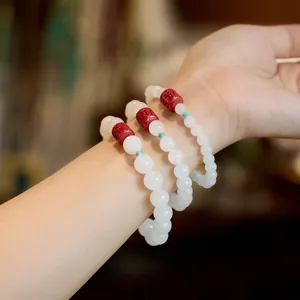 Three-piece Hetian white jade bead bracelet set with red cinnabar and turquoise accents