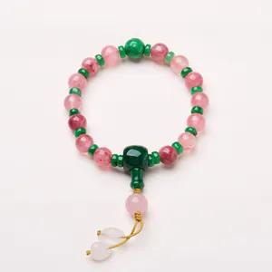 Bracciale Tradizionale con Perline Stile Dinastia Qing Cinese per Donna Quarzo Rosa Fatto a Mano Pietra di Giada Verde Gioielli