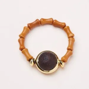 Bague Style Chinois en Bois d'Encens Naturel Jiangzhen et Noyau d'Olive Bambou Plaqué Or Géométrique Vintage Zen pour Femme