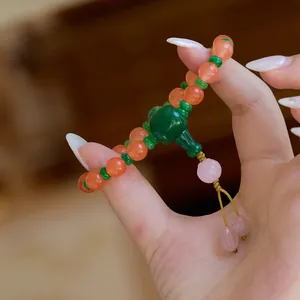 Bracciale buddista con cristalli rosa e perle di giada verde, stile cinese antico