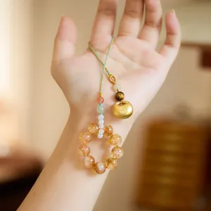 Traditional Citrine Yellow Crystal Lucky Lock Lion Charm Handwoven Cord Car Hanging Bag Pendant Gold Plated Copper Gift