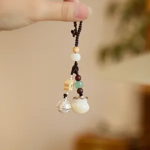 Chinese Style Hand Woven Bodhi Money Bag Keychain With Tibetan Silver Bell Wood Flower Car Pendant Bag Hanging Ornament