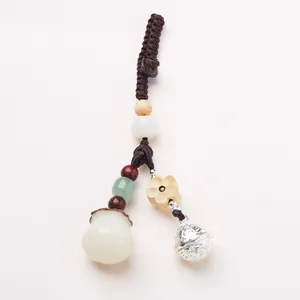 Handmade Bodhi seed money bag keychain with gourd charm and vintage flower bell pendant